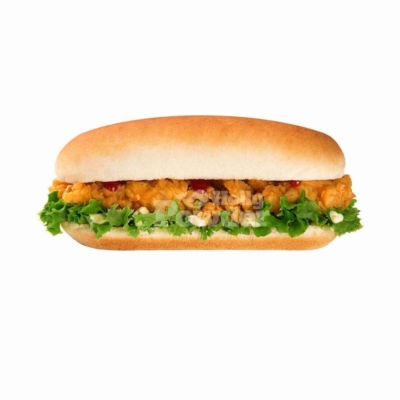 pollo crujiente en un bollo para perrito caliente